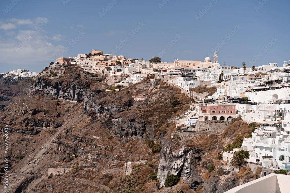 Amazing view of Santorini island. Picturesque sea view on famous Greek resort Thira, Greece, Europe. Traveling concept background. Summer vacation