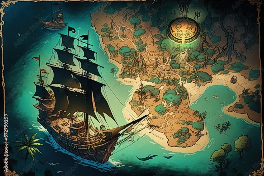 Pirate treasure map with pirate ship and sea. Generate AI