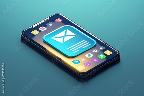 Email icon on mobile screen, blue background. Generative AI