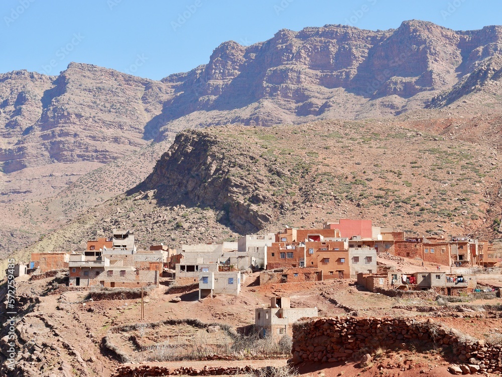 Panoramic view of traditional Berber village Tizi N'oucheg in Ourika Valley, High Atlas Mountains, Morocco.
