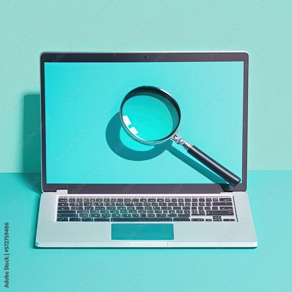 Magnifier on laptop screen, blue background. AI digital illustration Magnifier on laptop screen, blue background. AI digital illustration