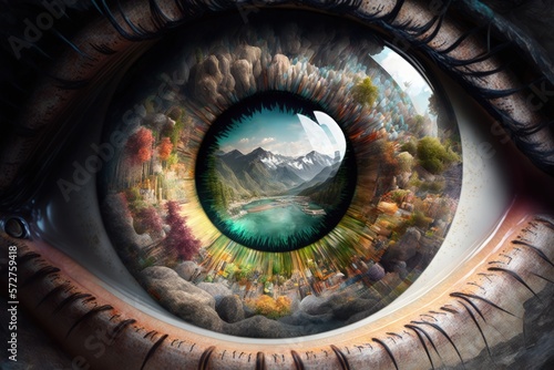 Landscape illustration inside an eye  background. Generative AI