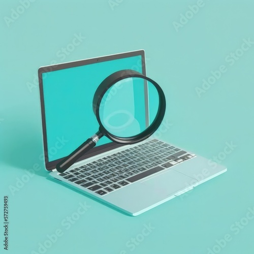 Magnifier on laptop screen, blue background. AI digital illustration