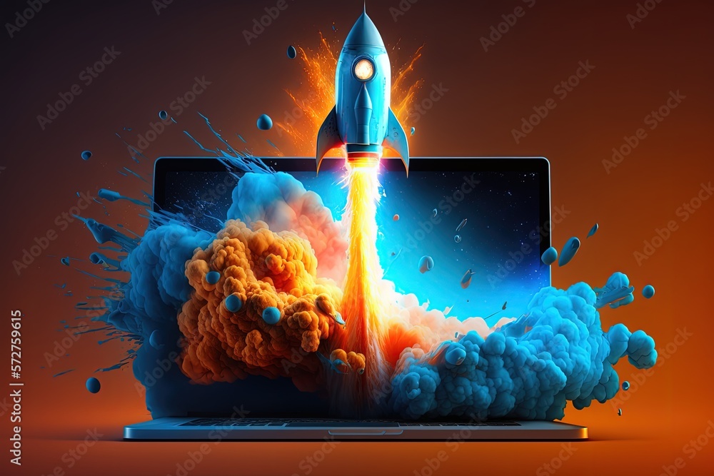 Illustration of rocket taking off from laptop screen. Generative AI ...