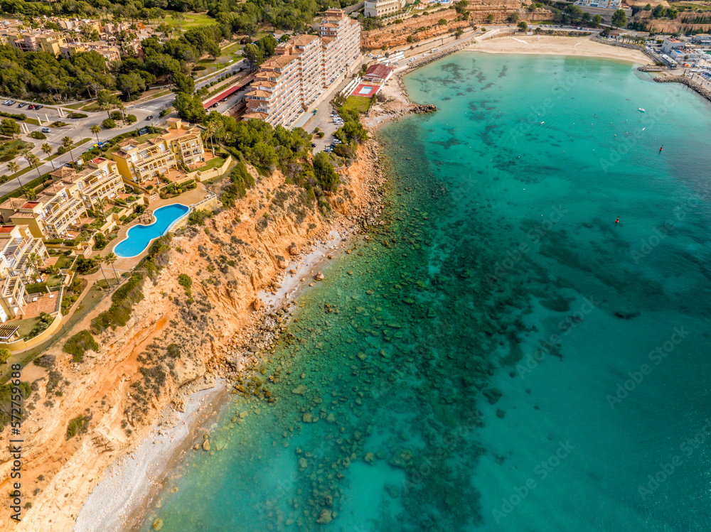 Beautiful aerial view of El Toro and Port Adriano beach, Mallorca, Balearic Islands by drone