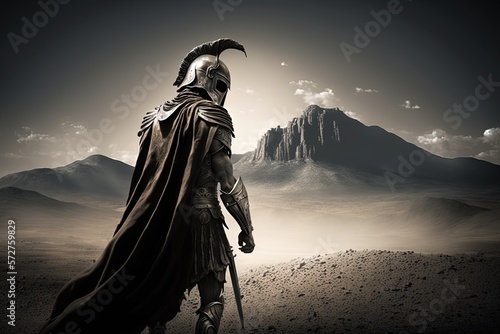 Spartan soldier illustration with helmet and battlefield in background. Generative AI	 photo
