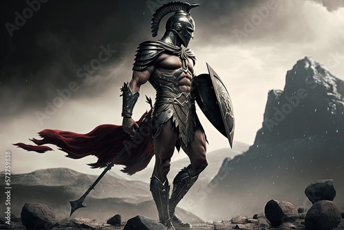 Spartan soldier illustration with helmet and battlefield in background. Generative AI  © Deivison