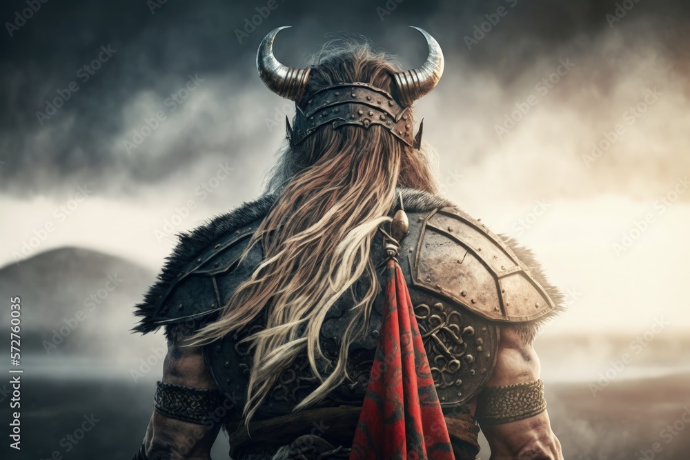 Viking warrior from the back, landscape in the background. Generative AI