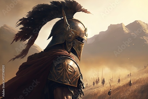 Photographie Spartan soldier illustration with helmet and battlefield in background