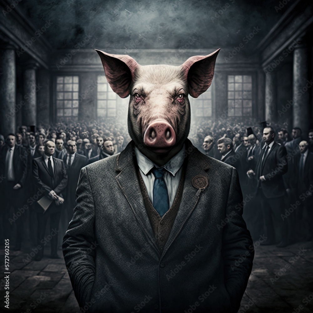 Corrupt politician, pig with evil smile, making fake promises before
