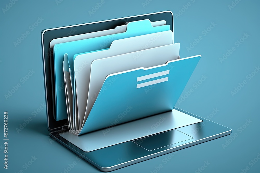 File folder on laptop screen, blue background. Generative AI - obrazy, fototapety, plakaty 