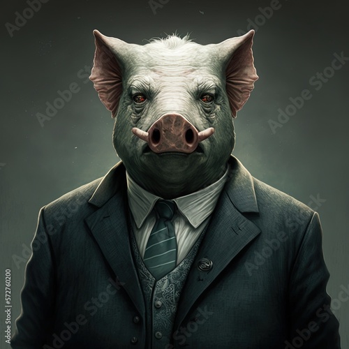 Corrupt politician, pig with evil smile, making fake promises before election. Generative AI