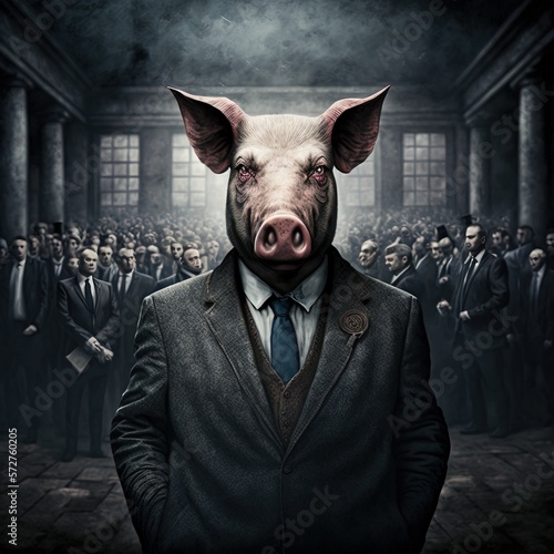Corrupt politician, pig with evil smile, making fake promises before election. Generative AI photo