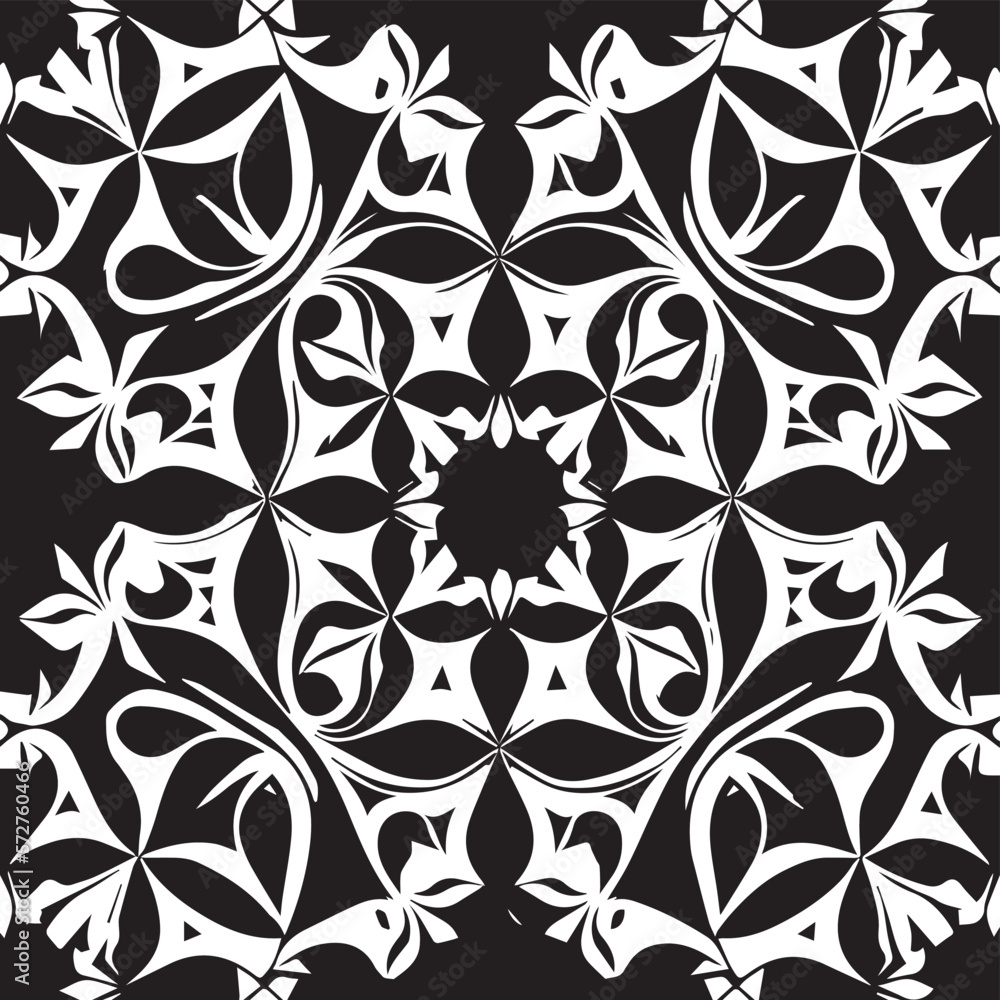 Asian-inspired arabesque print in stylish monochrome with classic symmetric geometry, vintage floral and leaf elements, and ornamental retro tracery, perfect for background, wallpaper