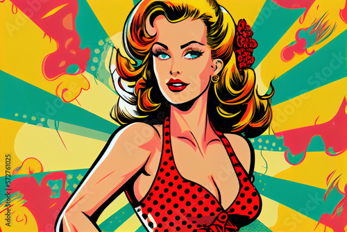 Portrait von sexy Pin-up Girl im bunten Pop-Art Retro-Comic-Stil - Generative Ai