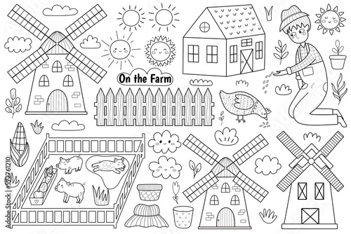 Black and white farm set with cute animals and kids farmers. Coloring page with countryside life elements in cartoon style. Boy feeding a hen, pigs in pigsty and other. Vector illustration