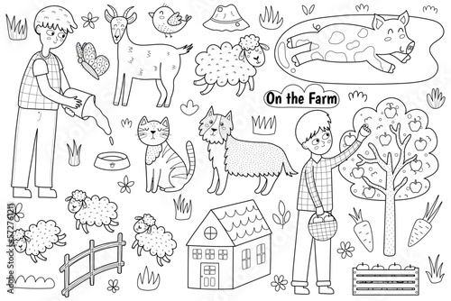Black and white cute farm set with animals and kids farmers. Coloring page with countryside life elements in cartoon style. Pig in the mud, boy picking apples, goat and other. Vector illustration