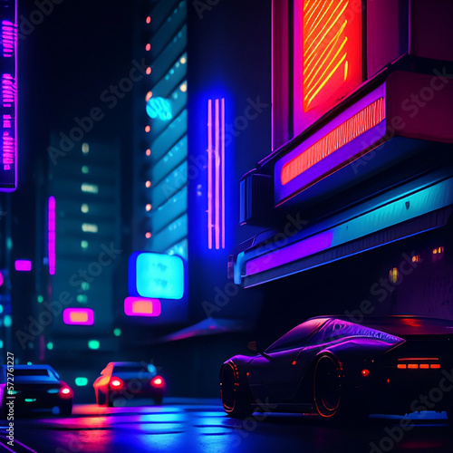  neon night in a cyberpunk city. Photorealistic 3d illustration of the futuristic city. Street with blue pink lights and cars.