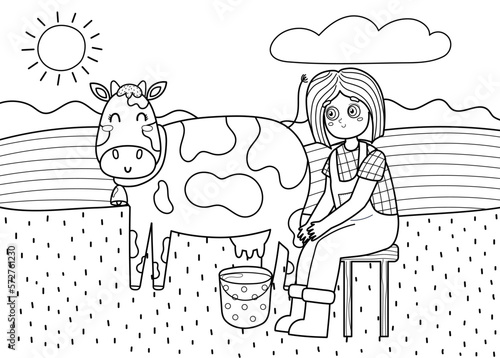 Black and white on the farm poster with cute girl milking a cow. Coloring page with farm characters in cartoon style. Pasture landscape. Countryside background. Vector illustration