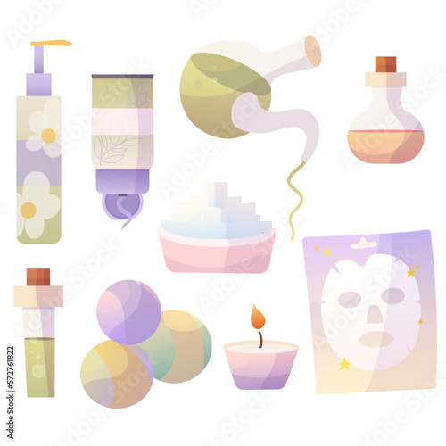 Beauty cosmetics set, spa procedures, bath salt bomb, candle, beauty mask, massage oil, vector had drawn illustration