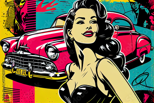 Portrait von sexy Pin-up Girl an einem Oldtimer im bunten Pop-Art Retro-Comic-Stil - Generative Ai