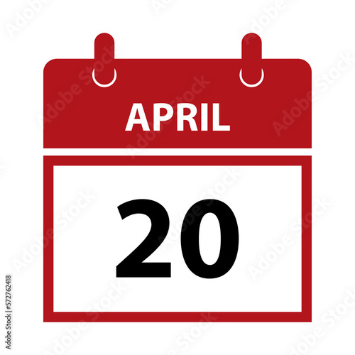 April 20. Vector flat daily calendar icon. Date and time, day, month for birthday, anniversary, appointment, remainder or event. Holiday.