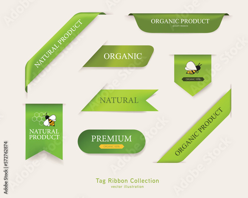 Natural label and organic ribbon green color. vintage labels and badges design. Natural product guaranteed quality.