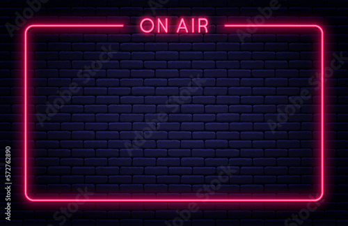 On air neon signboard. On air neon light sign with glowing letters and frame. Bright banner and poster template for live interview, broadcast and podcast. Vector