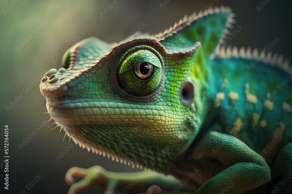 Fototapeta premium Green chameleon beautiful fauna zoo character, forest camouflage animal art Generative AI
