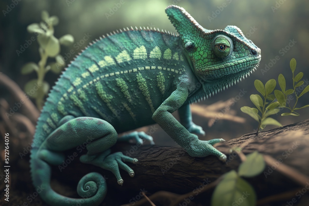 Fototapeta premium Green chameleon beautiful fauna zoo character, forest camouflage animal art Generative AI