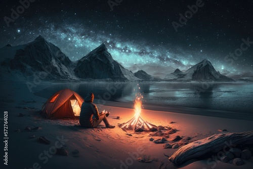 a tourist in the mountains looks at the night starry sky travel nature sea landscape Generative AI