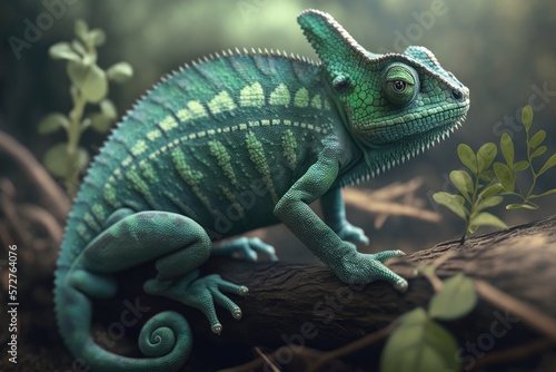 Green chameleon beautiful fauna zoo character, forest camouflage animal art Generative AI © Artem