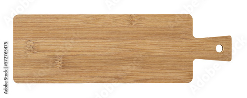 Long serving board cutout. Empty bamboo board with handle for serving food isolated on a white background. Modern kitchen utensil made of wood for food design. Cutting board.