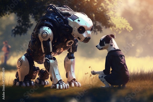 robot dog and dog playing in the garden, Generative AI
