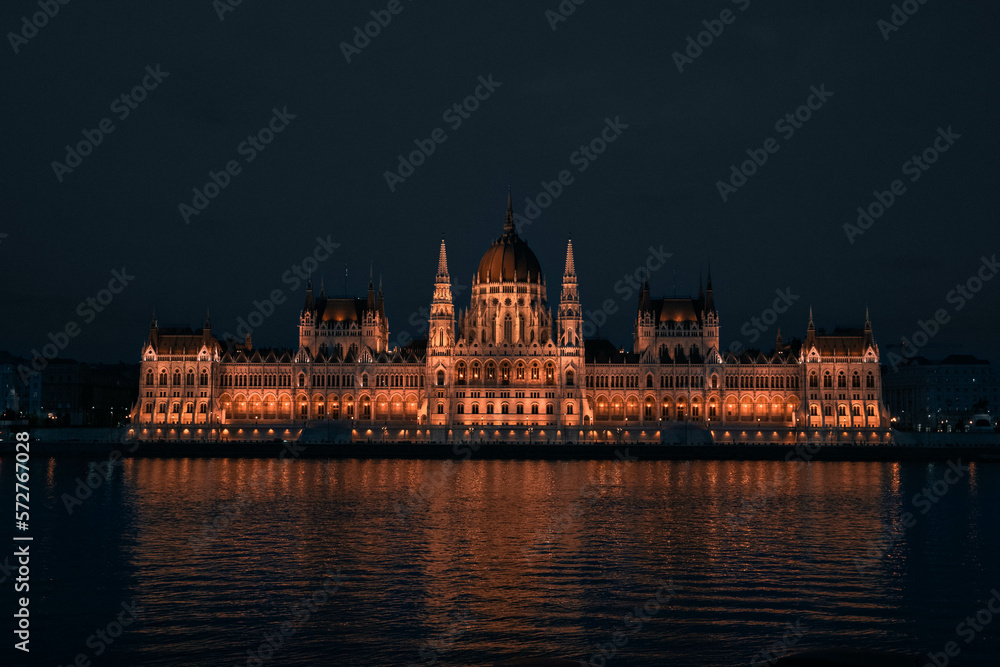 The Parliament Building at Night in Budapest, Hungary