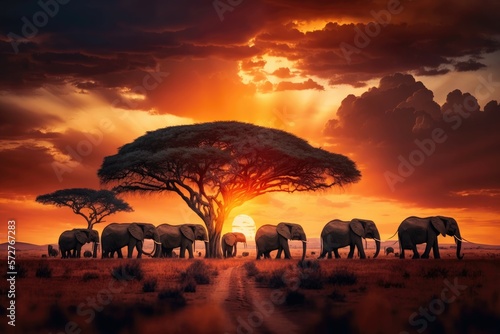 Majestic savannah with a herd of elephants grazing in the distance and a fiery sunset sky in the background. Generative AI