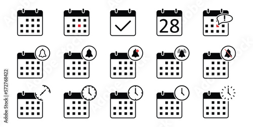 Calendar Icon collection. Calendar with time clock. Calendar notification icon. Vector illustration