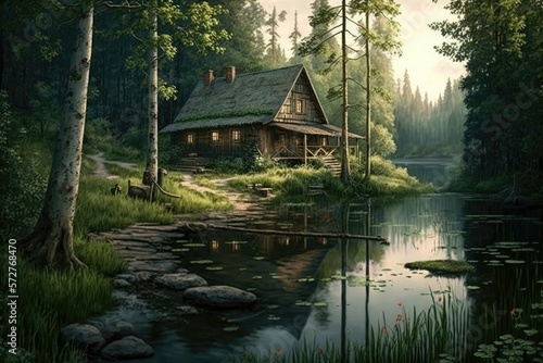 Serene countryside scene. Peaceful stream winding through a verdant forest and a charming wooden cabin perched on the edge of the water. Generative AI