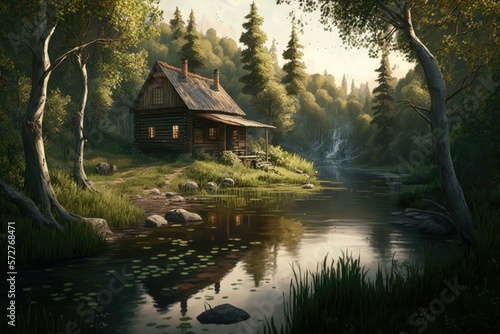 Serene countryside scene. Peaceful stream winding through a verdant forest and a charming wooden cabin perched on the edge of the water. Generative AI © Kanisorn
