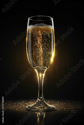 A glass of sparkling champagne with a shimmering golden glow