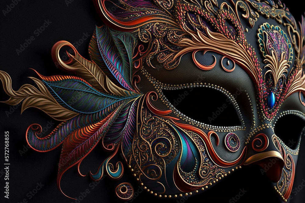 Fantasy Elaborately embroidered carnival festive fabrics with carnival mask, generative ai.