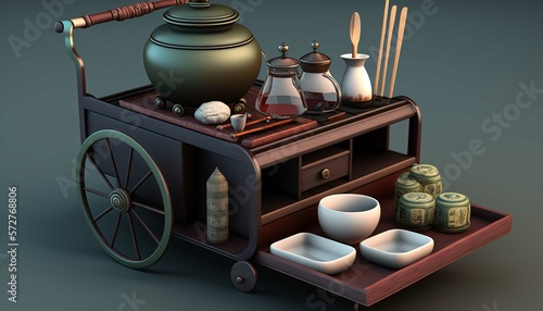A traditional tea-serving cart with a metal teapot
