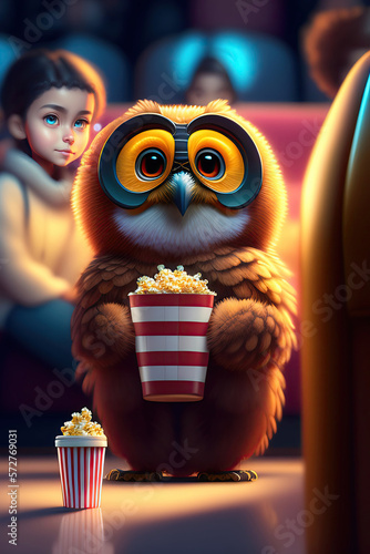 Cartoon owl with popcorn in the cinema