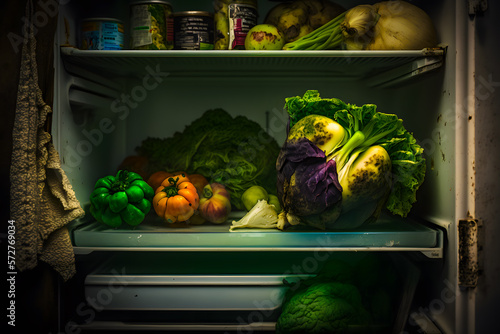 Spoiled vegetables cabbage, greens, tomatoes, cucumbers with an expired shelf life. Refrigerator off and open. Generative AI photo