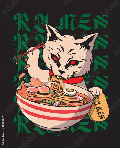 Cat eats ramen noodles with chopsticks, vector illustration.
