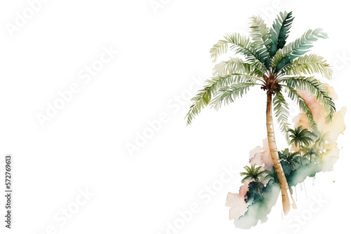 Palm Tree, Tropical Paradise, Beach, Equator, Coastal Tropics, Vacation, White Background Copy Space, Watercolor Style [Generative AI]