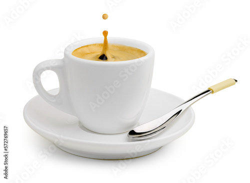 Cup of espresso coffee with a splash drop on a saucer with a spoon isolated on white