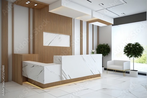 Reception desk in white and wooden colors, Generative AI