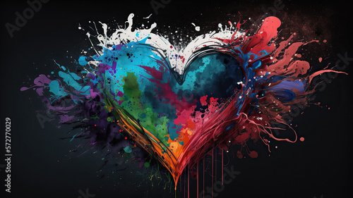 heart painted with colored paints with splashes on dark background. Generative AI