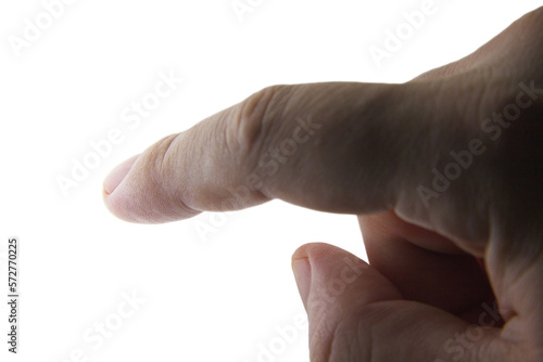 Human finger on white background.